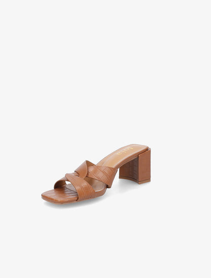 Mules effet croco à talon stylisé - Camel - 3