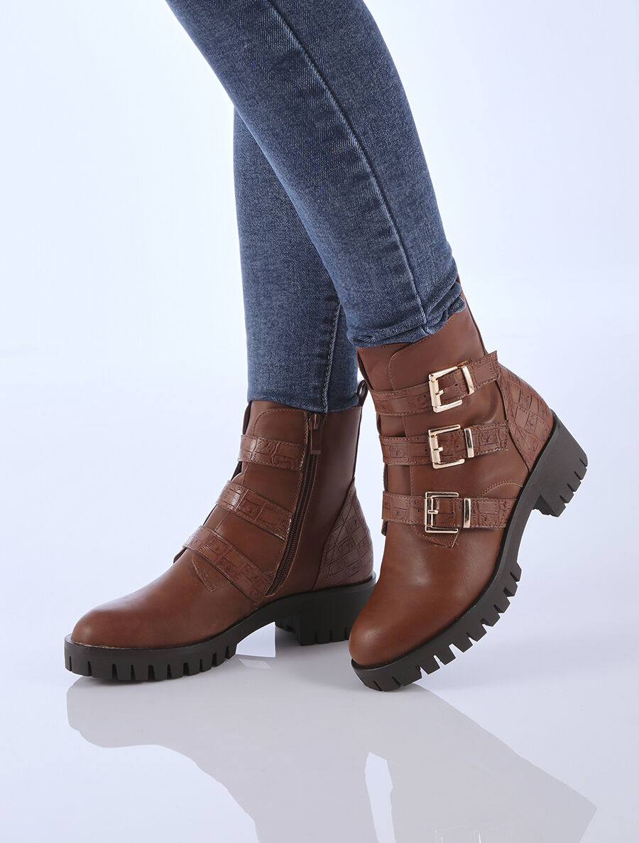 Bottines bi-matière à triple brides - Marron - 8