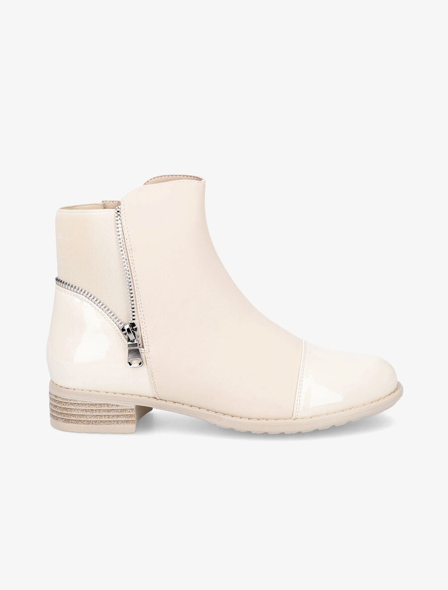Bottines à bout vernis et zip décoratif - Beige - 5