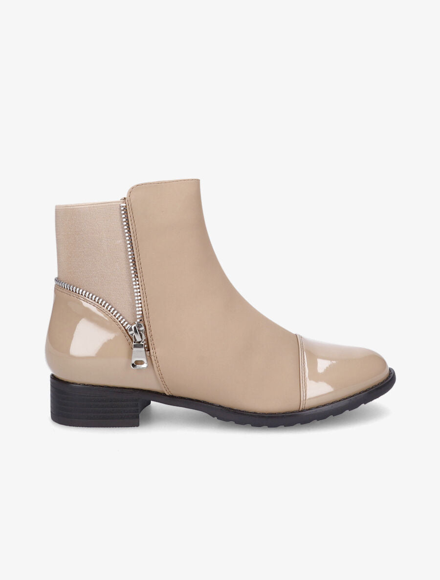Bottines à bout vernis et zip décoratif - Taupe - 1