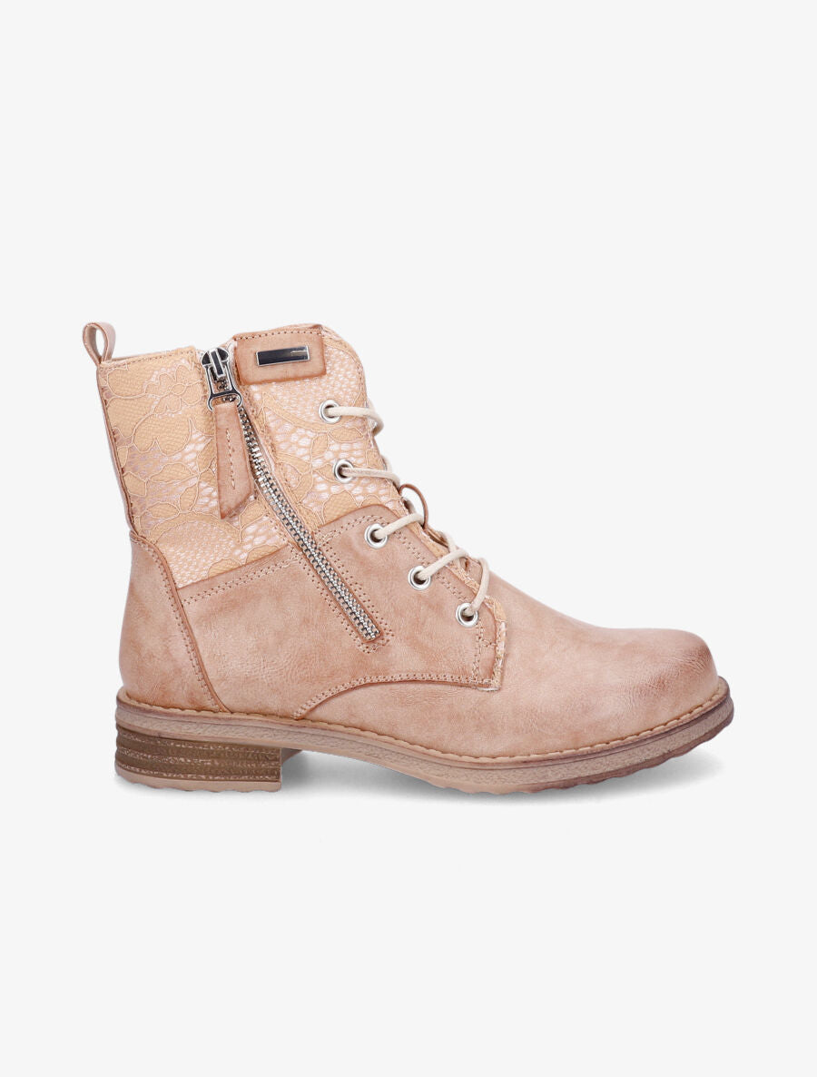 Bottines lacées à empiècements en dentelle - Camel - 1