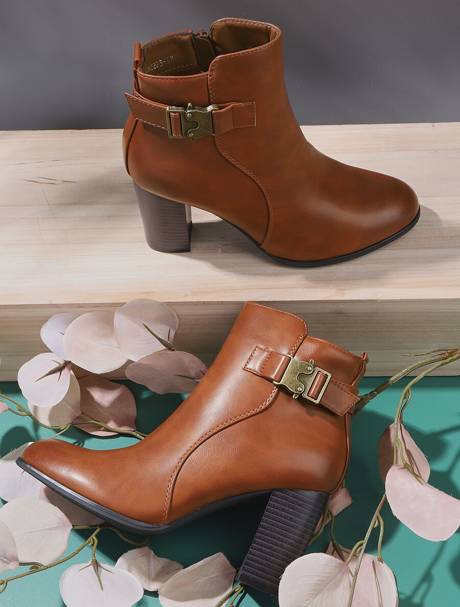 Bottines en simili à talon et zip - Camel - 5