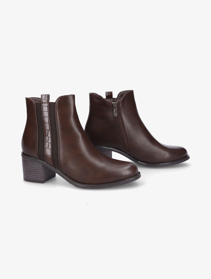 Bottines à zip et lanière effet croco - Marron - 4