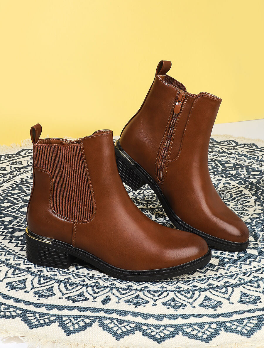 Bottines en simili à ganse élastiquée côtelée - Camel - 5