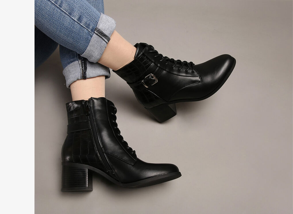 Bottines lacées à contrefort croco - Noir - 5