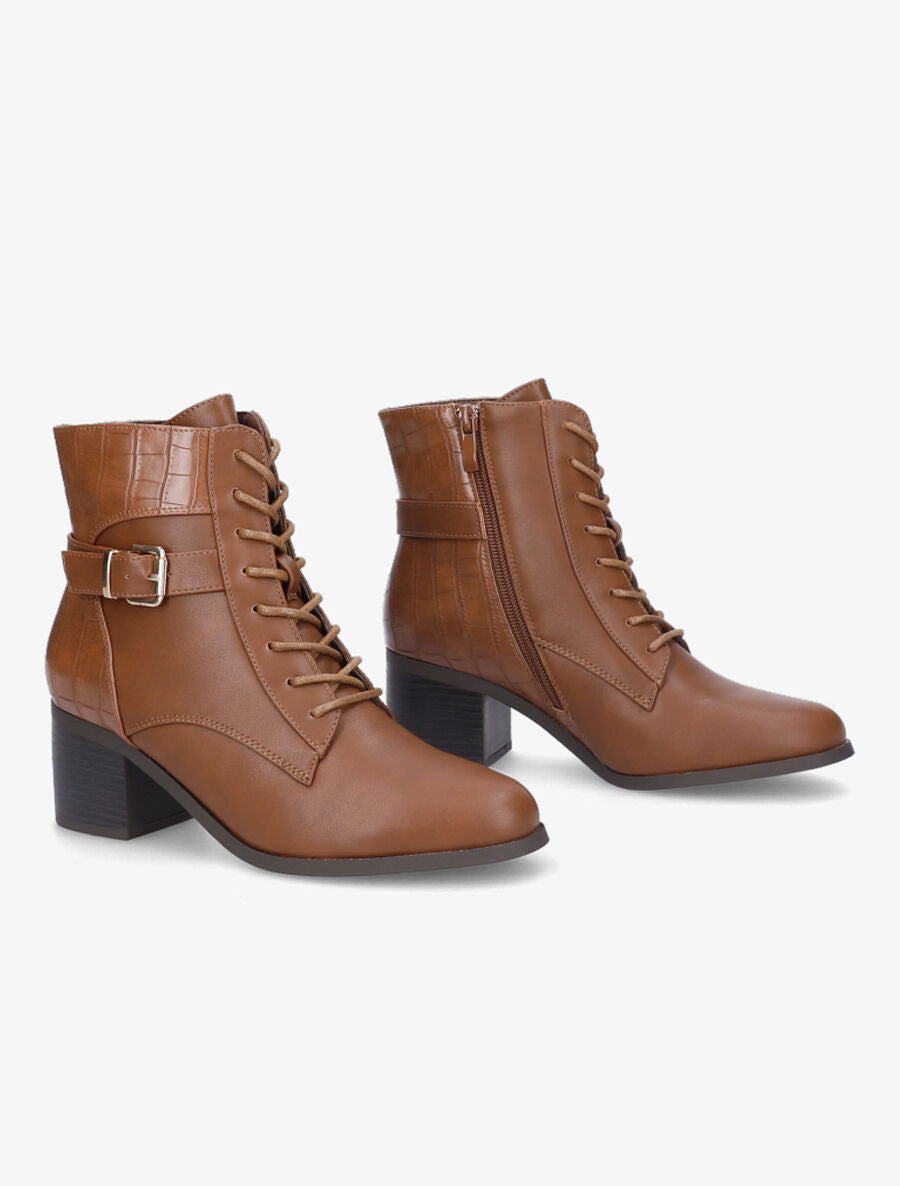 Bottines lacées à contrefort croco - Camel - 4