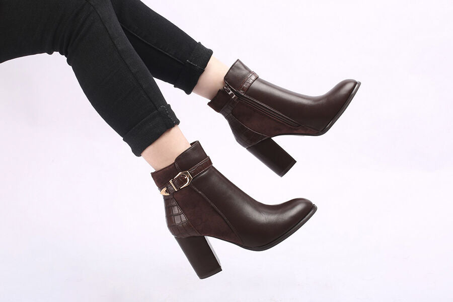 Bottines à talon à boucle - Marron - 5