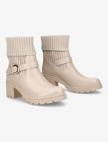 Boots côtelées à talon style motard - Beige - 4