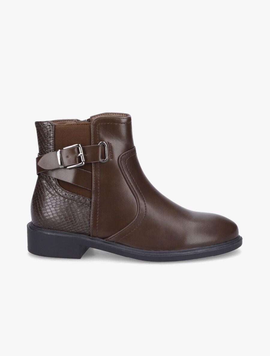 Bottines plates à contrefort effet python et sangles - Marron - 5