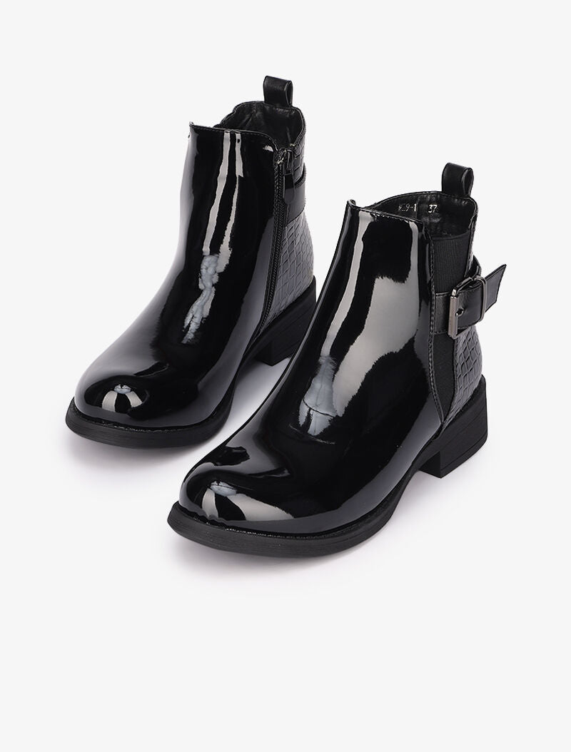 Bottines plates vernies à contrefort croco - Noir - 1