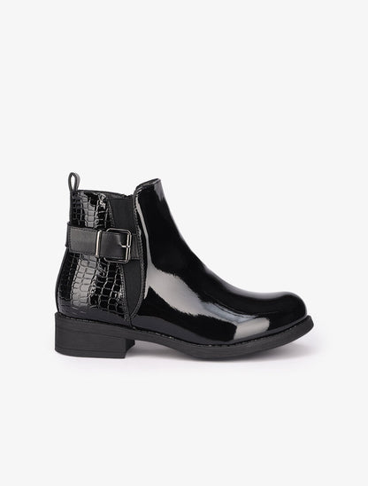 Bottines plates vernies à contrefort croco - Noir - 2