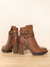 Bottines à talon et empiècement python - Camel - 1