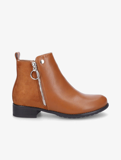 Bottines plates en simili et suédine - Camel - 6