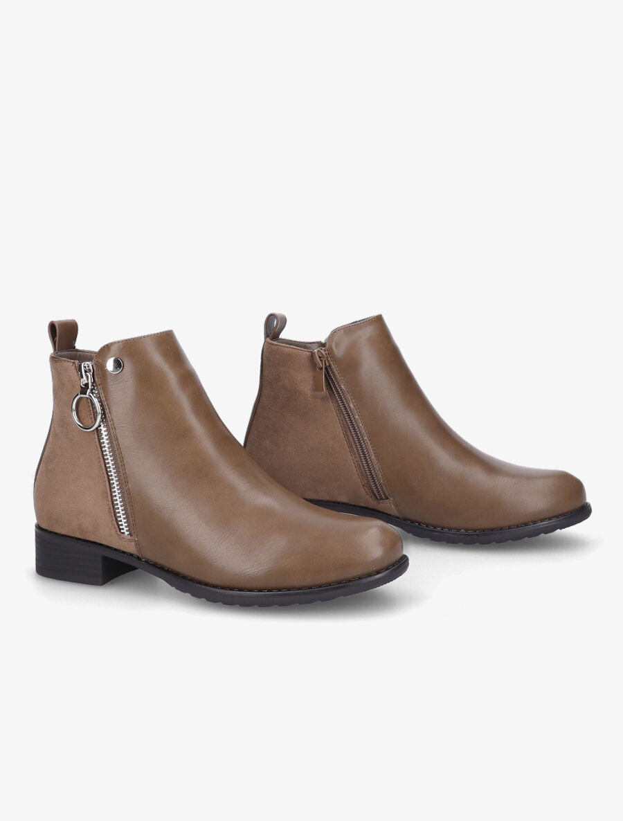 Bottines plates en simili et suédine - Taupe - 4