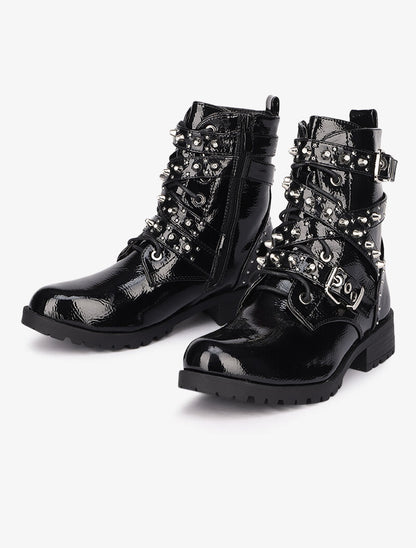 Bottines vernies à sangles décoratives cloutées - Noir - 1