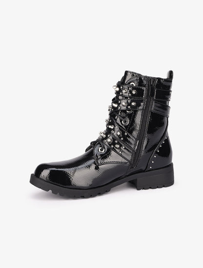 Bottines vernies à sangles décoratives cloutées - Noir - 4