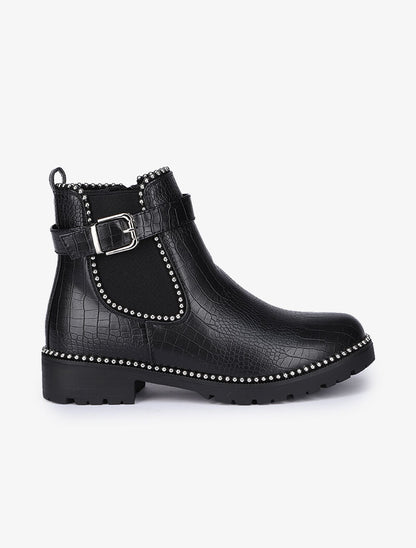Bottines effet croco à clous argentés - Noir - 2