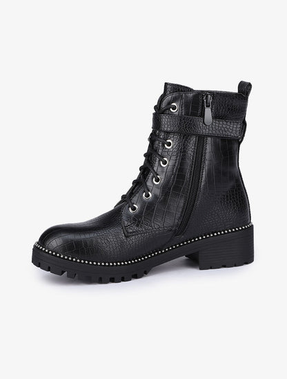Bottines effet croco à bride et sacoche amovible - Noir - 4