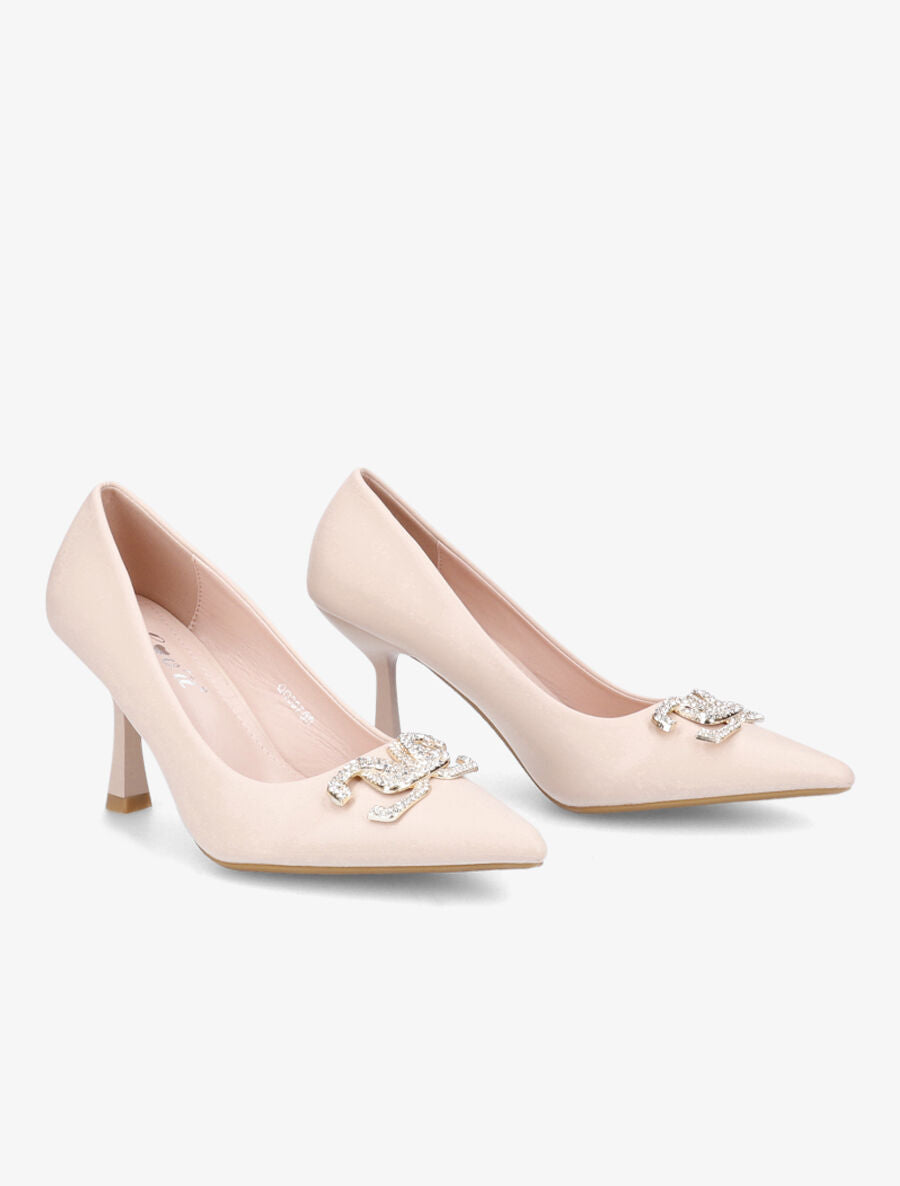 Escarpins pointus à bijou strass - Beige - 4