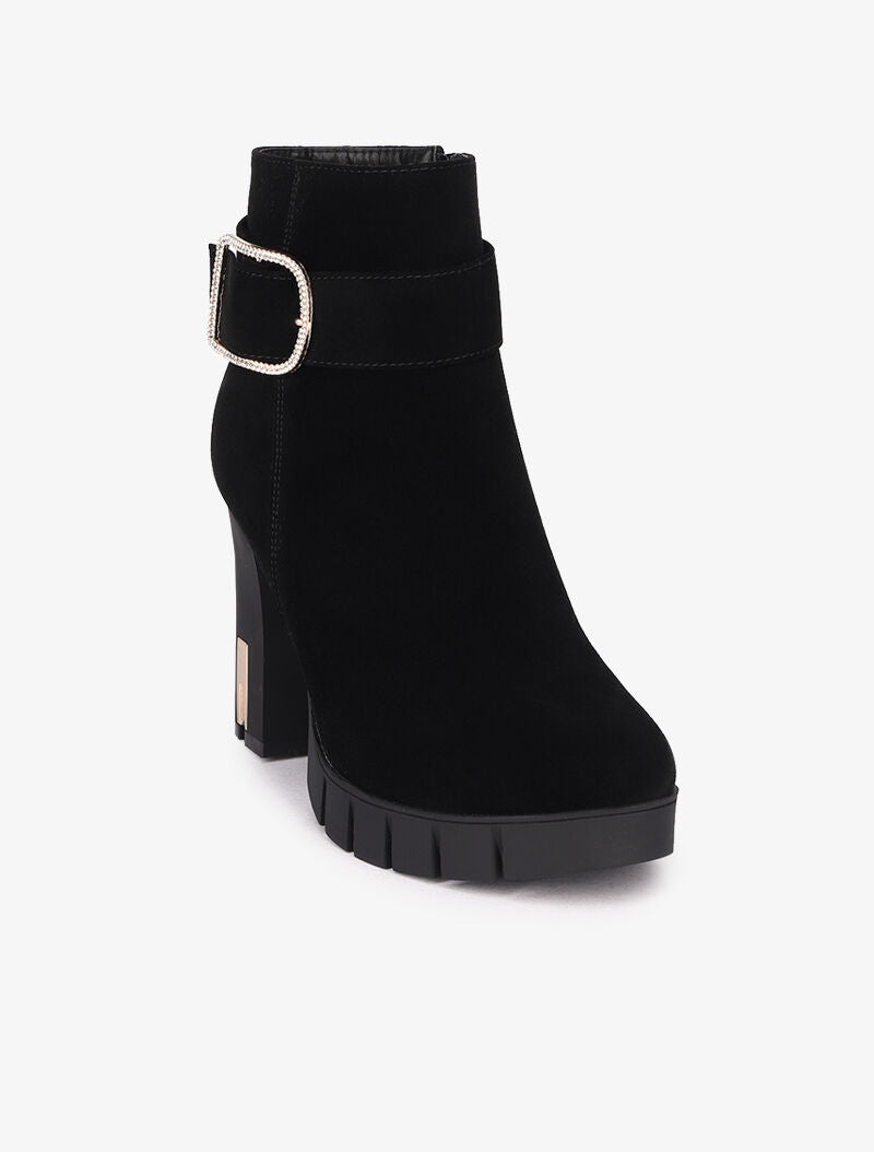 Bottines suédées à bride à boucle stylisée - Noir - 3