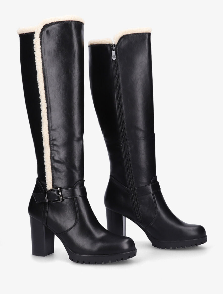 Bottes à talon et empiècement effet peau de mouton - Noir/blanc - 4