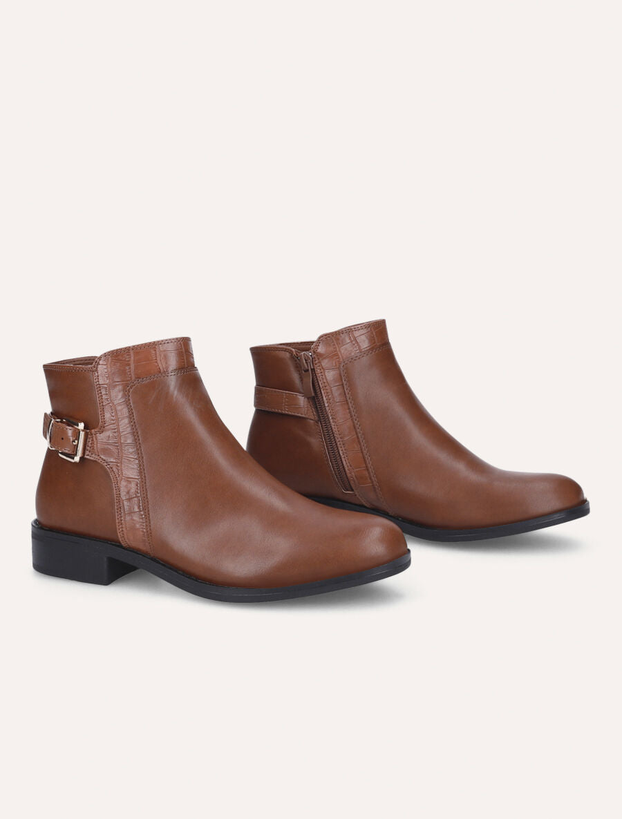 Bottines à boucle et empiècement croco - Camel - 4