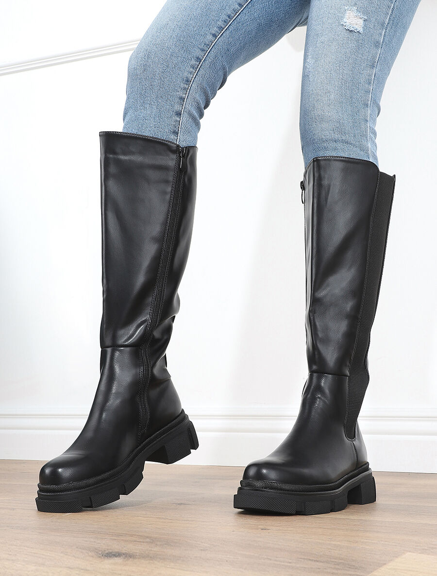 Bottes élastiquées en simili à talon - Noir - 1