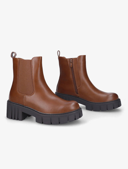 Bottines en simili à semelles crantées - Camel - 4