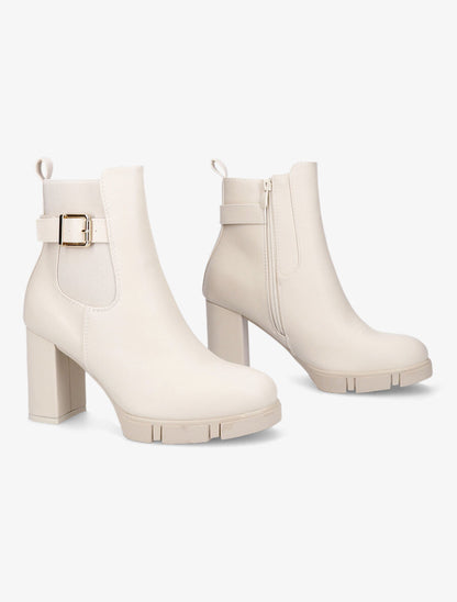Bottines à talon et boucle en simili - Beige - 4