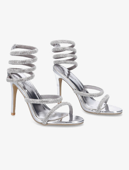 Sandales à talons aiguilles et strass - Argent - 4