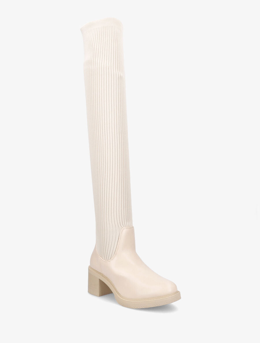 Cuissardes en tissu côtelé et simili - Beige - 2