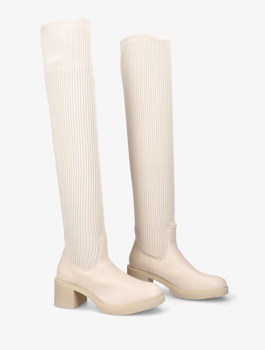 Cuissardes en tissu côtelé et simili - Beige - 4