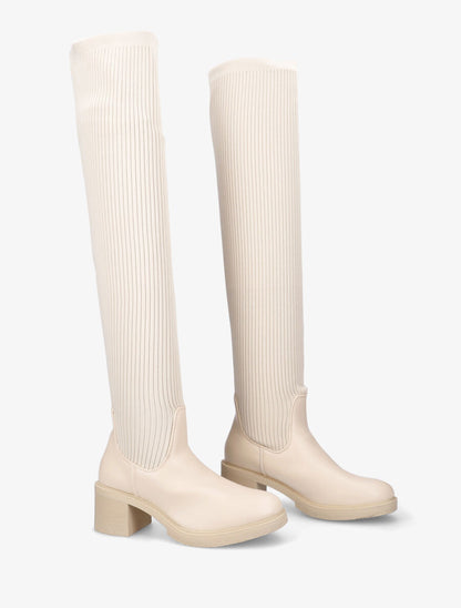 Cuissardes en tissu côtelé et simili - Beige - 4