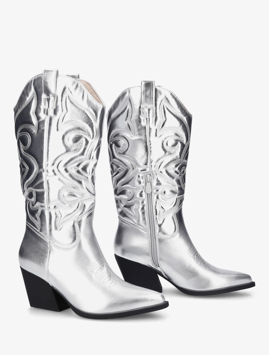 Bottes à talons style santiags - Argent - 4