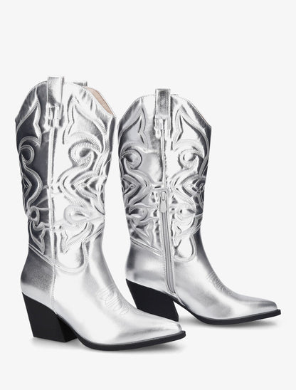 Bottes à talons style santiags - Argent - 4