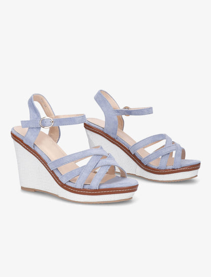 Sandales compensées brides entrelacées en suédine - Bleu ciel - 4