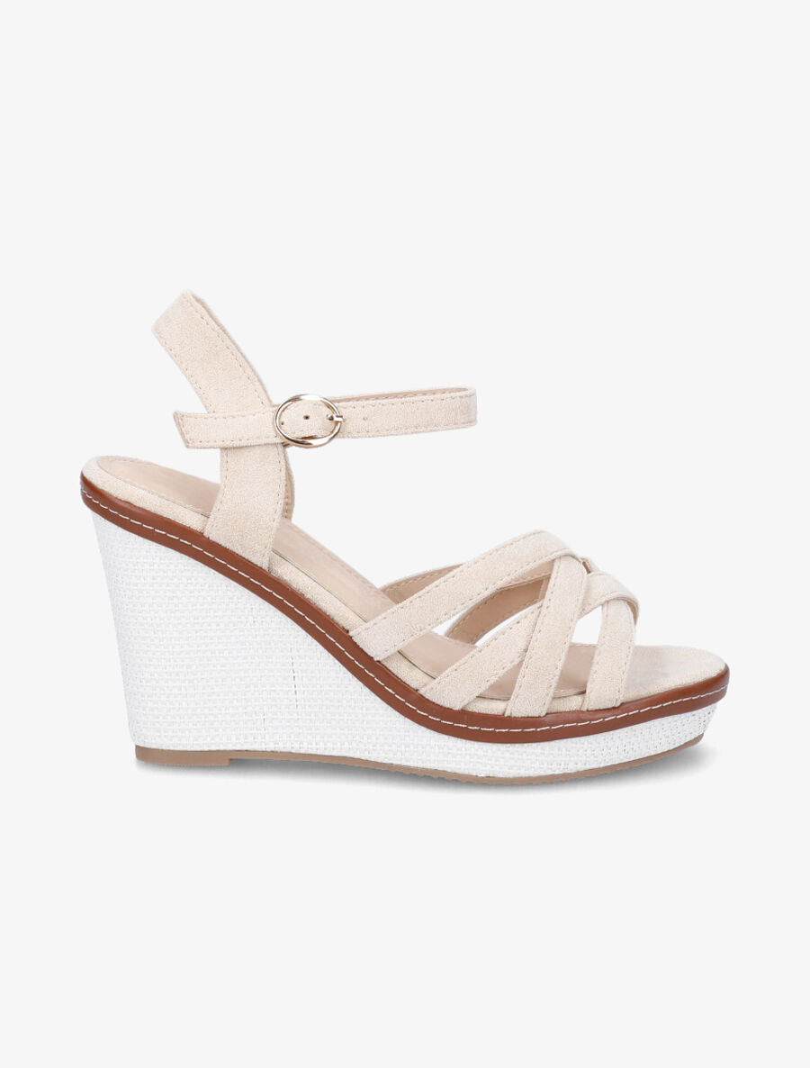 Sandales compensées brides entrelacées en suédine - Beige - 1
