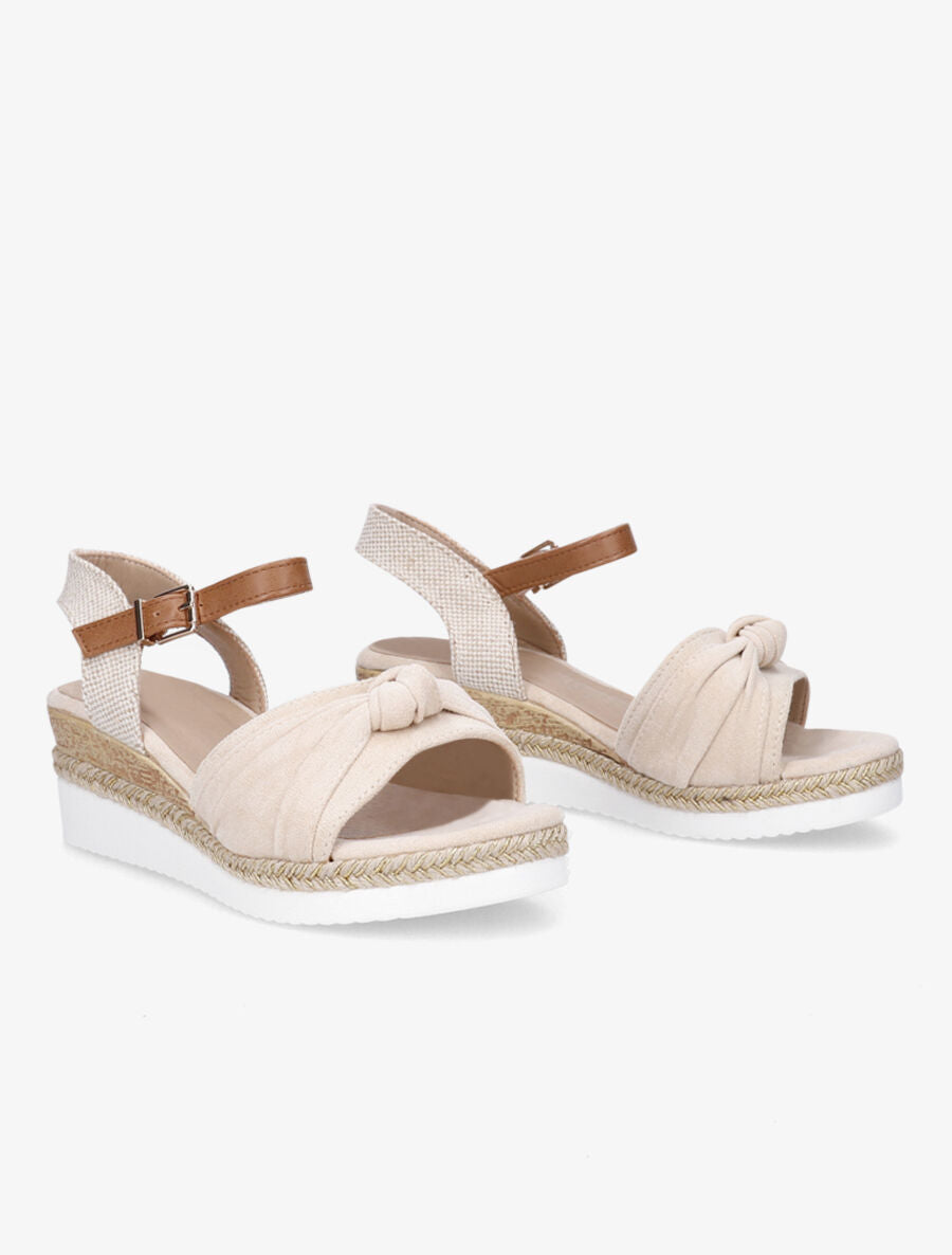 Sandales à noeud et talon compensé tressé - Beige - 4