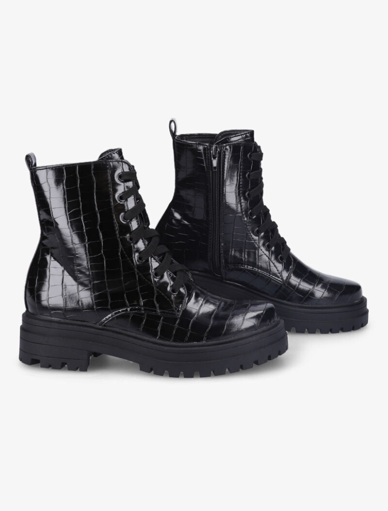 Bottines à lacets effet croco - Noir - 1