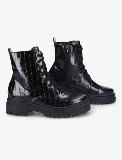Bottines à lacets effet croco - Noir - 1