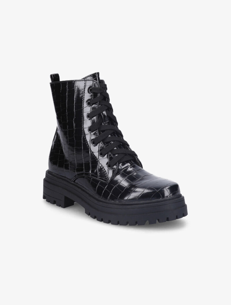 Bottines à lacets effet croco - Noir - 3