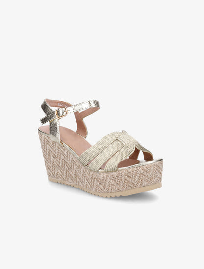 Sandales compensées en simili et tissu - Or - 2