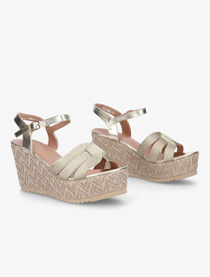 Sandales compensées en simili et tissu - Or - 4