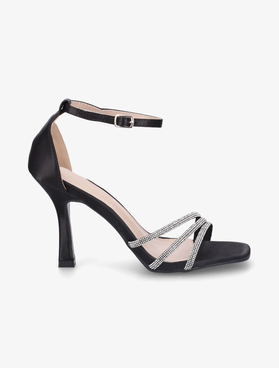 Sandales satinées à talon aiguille et strass - Noir - 5