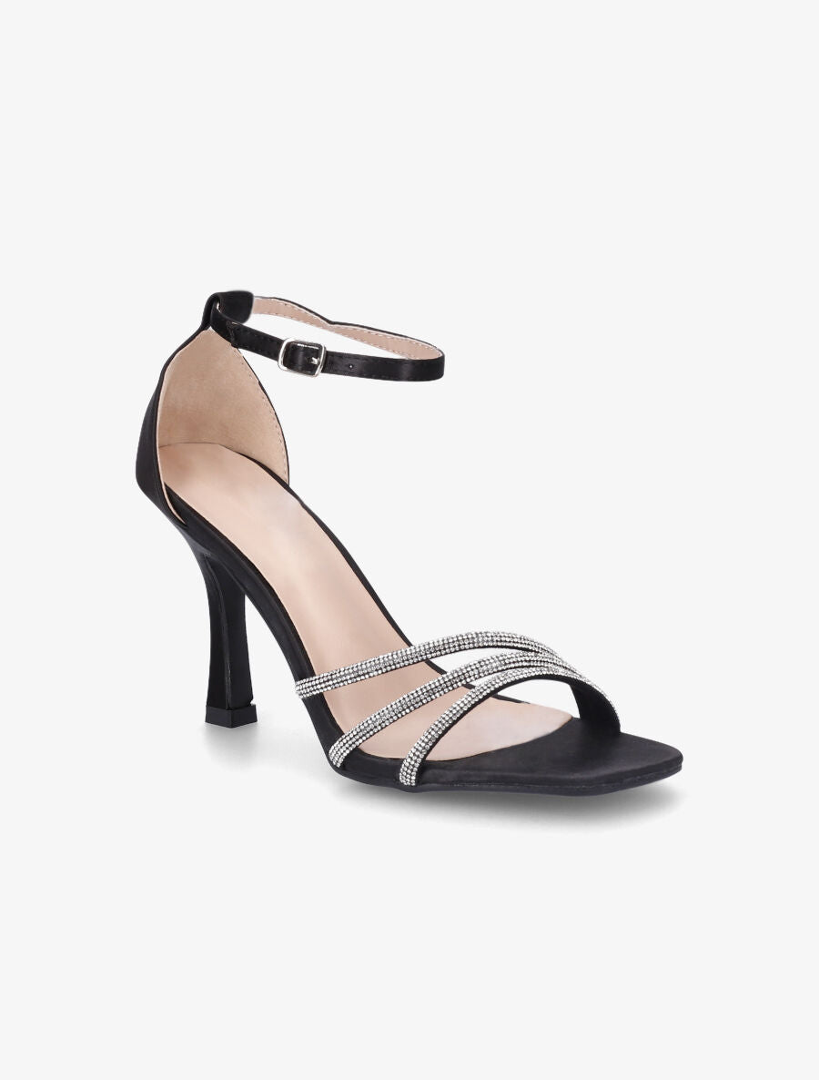 Sandales satinées à talon aiguille et strass - Noir - 2