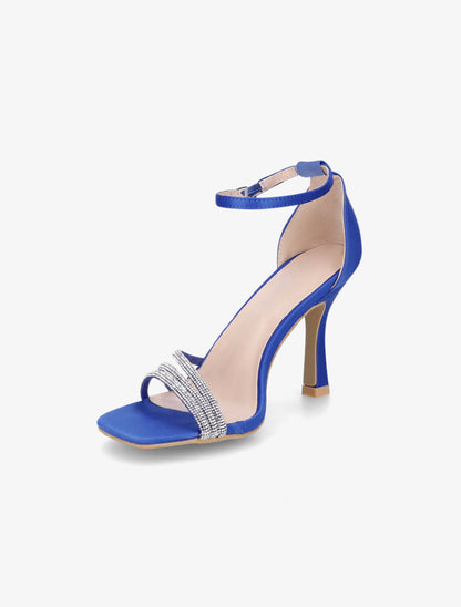 Sandales satinées à talon aiguille et strass - Bleu électrique - 3