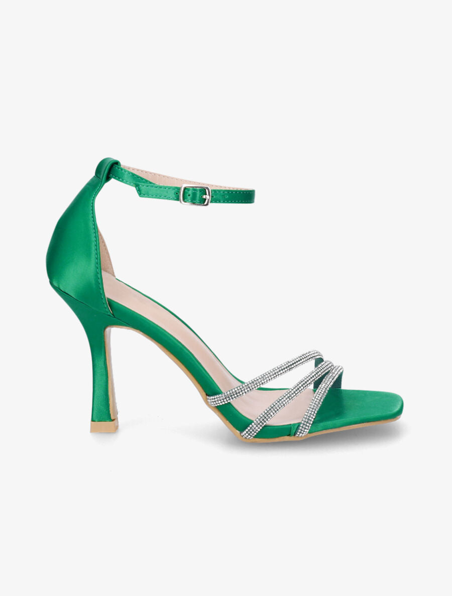 Sandales satinées à talon aiguille et strass - Vert - 5