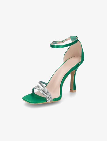 Sandales satinées à talon aiguille et strass - Vert - 3