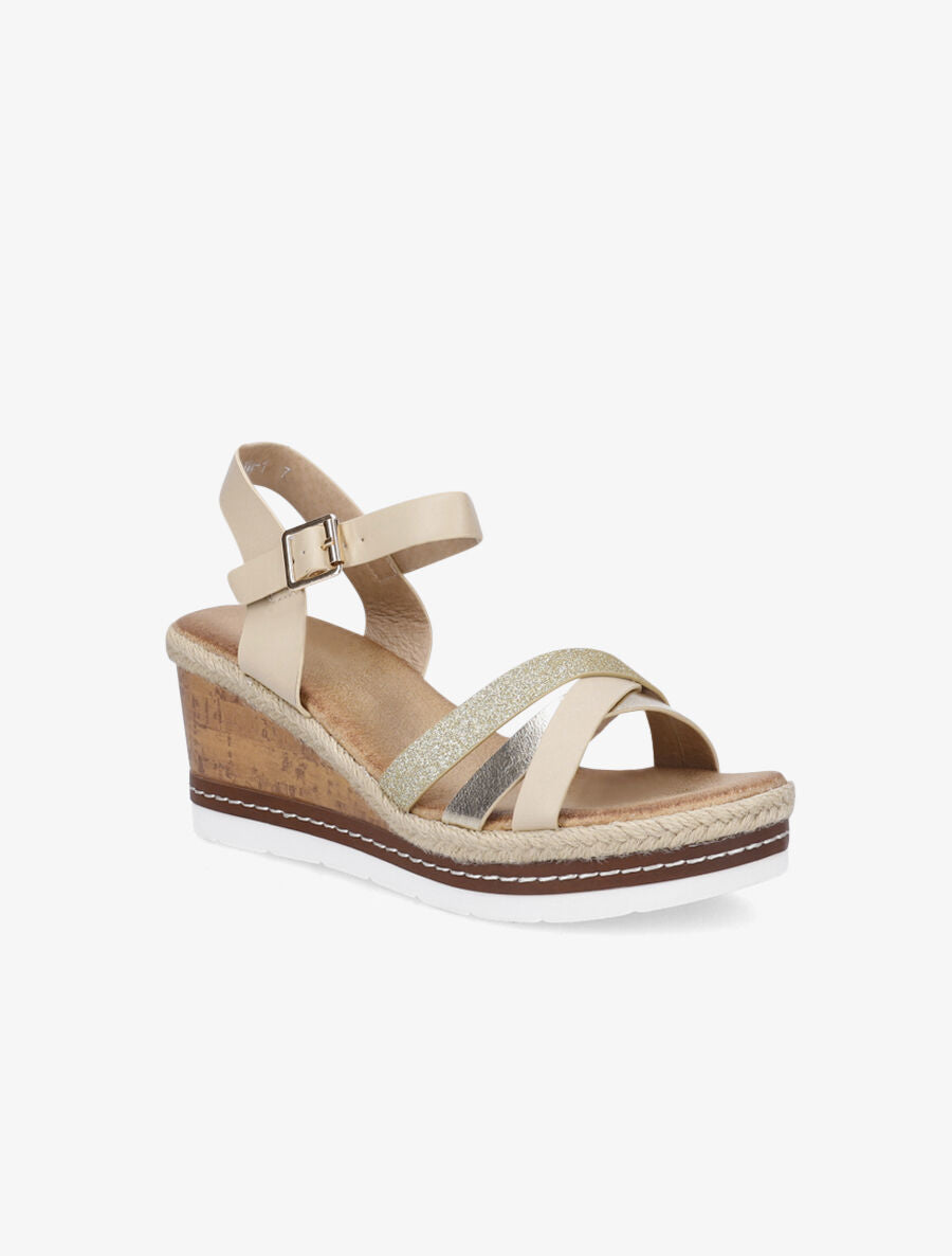 Sandales compensées effet liège et brides irisées - Beige - 2
