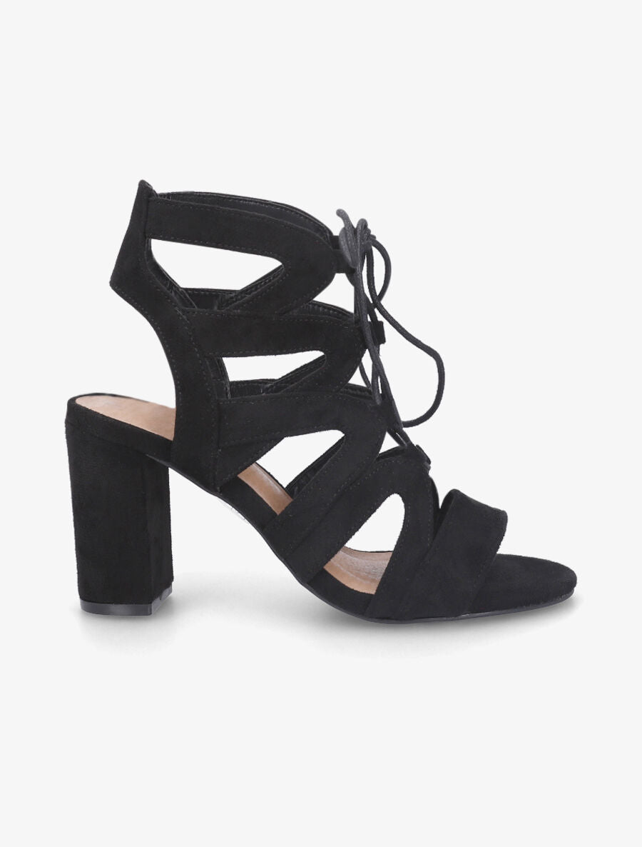 Sandales ajourées à talon en suédine et lacets - Noir - 1